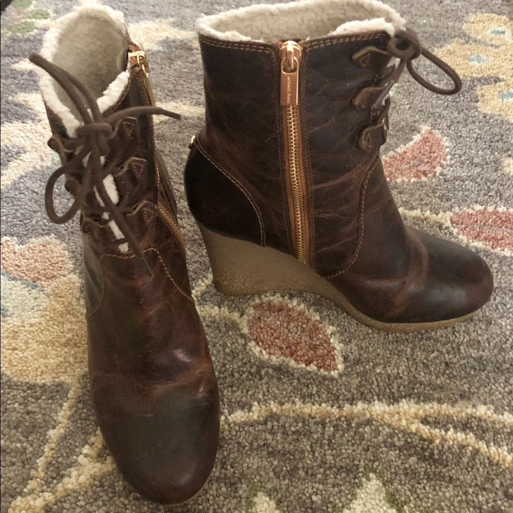 MICHAEL KORS Distressed Leather Wedge Brown Boots